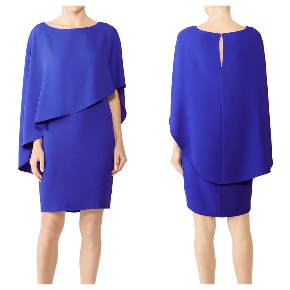 Trina Turk Dress Adore Cape Overlay Stretch Knee Length Blue XS